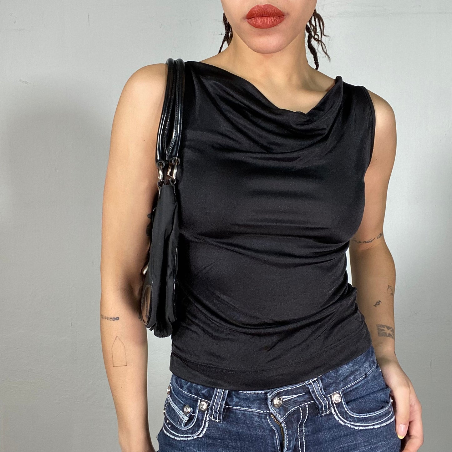 Vintage 90's Model Off Duty Black To with Waterfall Neckline (S)