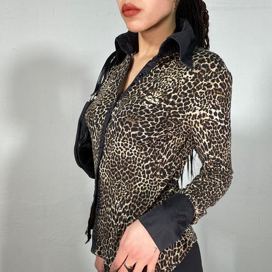 Vintage 90's Funky Leo Print Button Up Longsleeve with Black Trim (M)