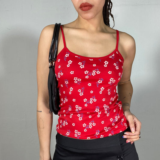 Vintage 90's Soft Girl Red Top with Flower Print (S)