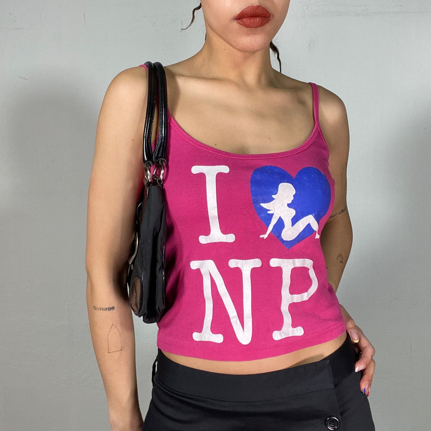 Vintage 2000's Street Style Hot Pink Top with 'I heart NP' Print (S/M)