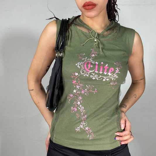 Vintage 2000's Grunge Green Hooded Top with Pink 'Elite' Print (S)