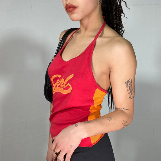 Vintage 2000's Surfer Red Halter Neck Top with Orange Net Back (M)