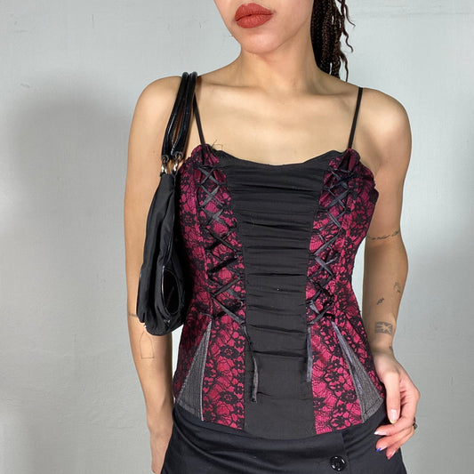 Vintage 2000's Gothic Black and Red Corset Top with Lacing Detail (S)