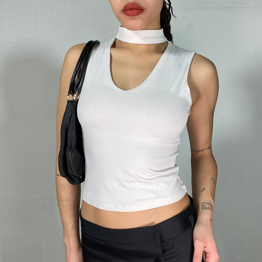 Vintage 2000's Clubwear White V-Neck Top with Chocker Attached (S)