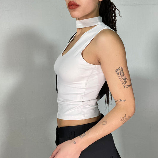 Vintage 2000's Clubwear White V-Neck Top with Chocker Attached (S)