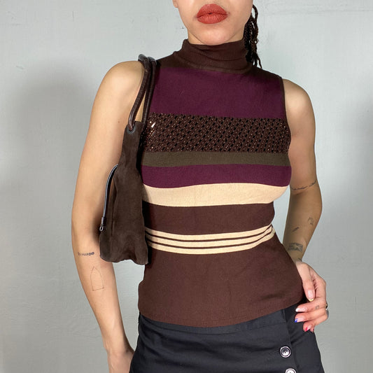 Vintage 90's Bella Brown and Purple Striped Turtleneck Top (S)