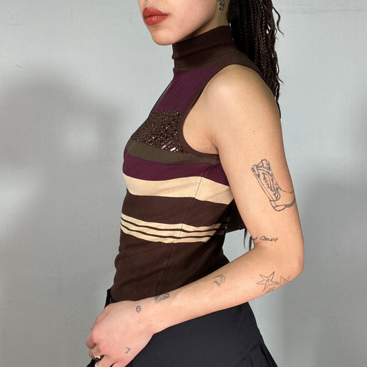 Vintage 90's Bella Brown and Purple Striped Turtleneck Top (S)