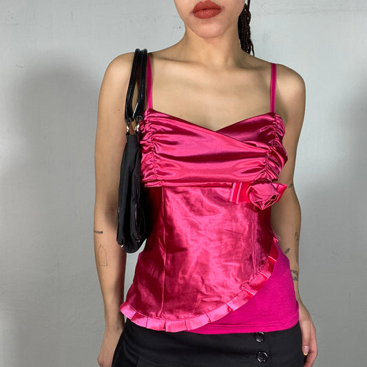 Vintage 2000's Hot Pink Satin Top with Rosette(S)