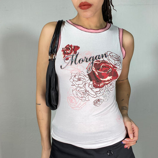 Vintage 2000's Morgan de Toi White tank Top with Pink Details and Rose Print (S)