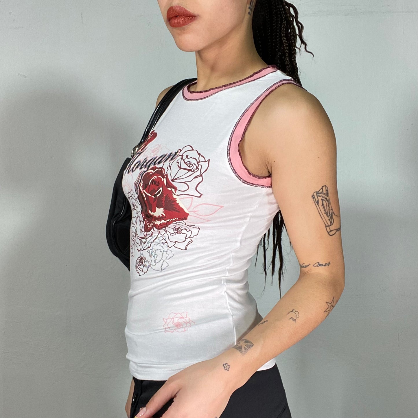 Vintage 2000's Morgan de Toi White tank Top with Pink Details and Rose Print (S)