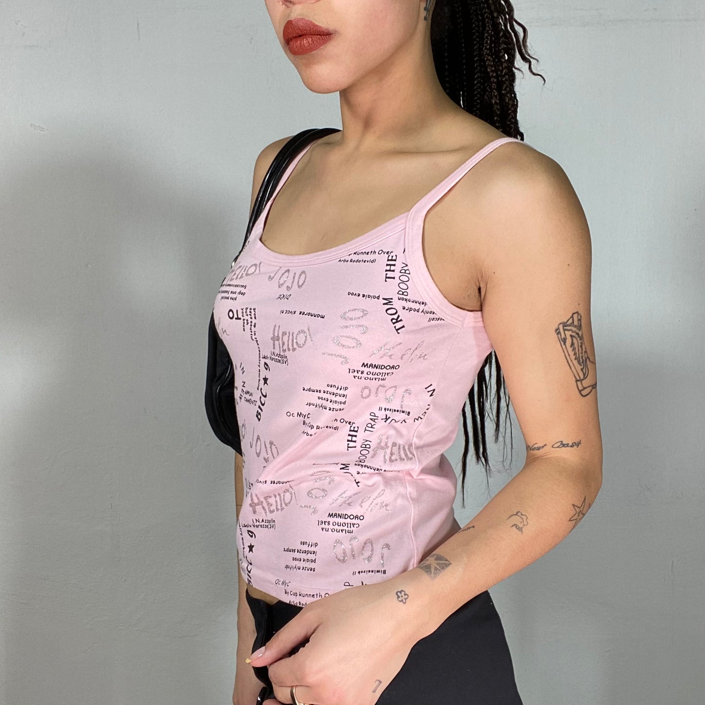 Vintage 90's Gilmore Girls Baby Pink Top with Black and Silver Writing Print (S) moo