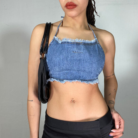 Vintage 90's Summer Ultra Cropped Denim Backless Top (XS)