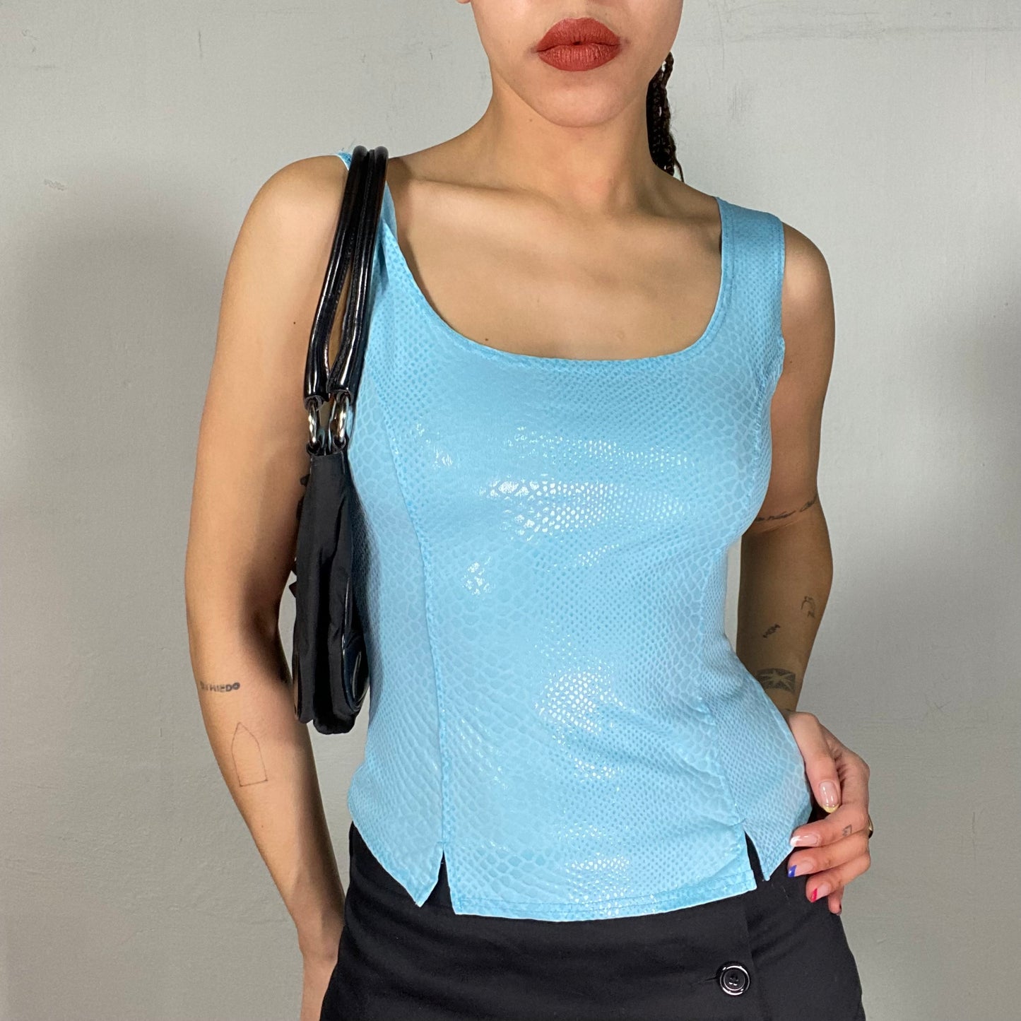 Vintage 2000's Clubwear Blue Top with Snake Skin Structured Fabric (S)