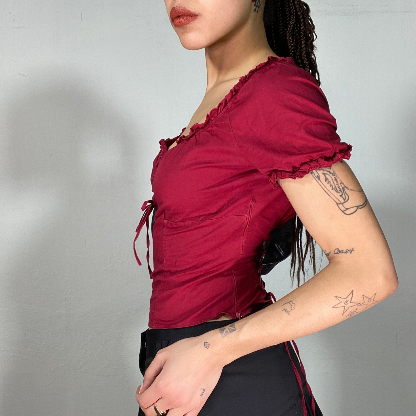 Vintage 90's Milkmaid Bordeaux Red Shirt with Back Detail (M)