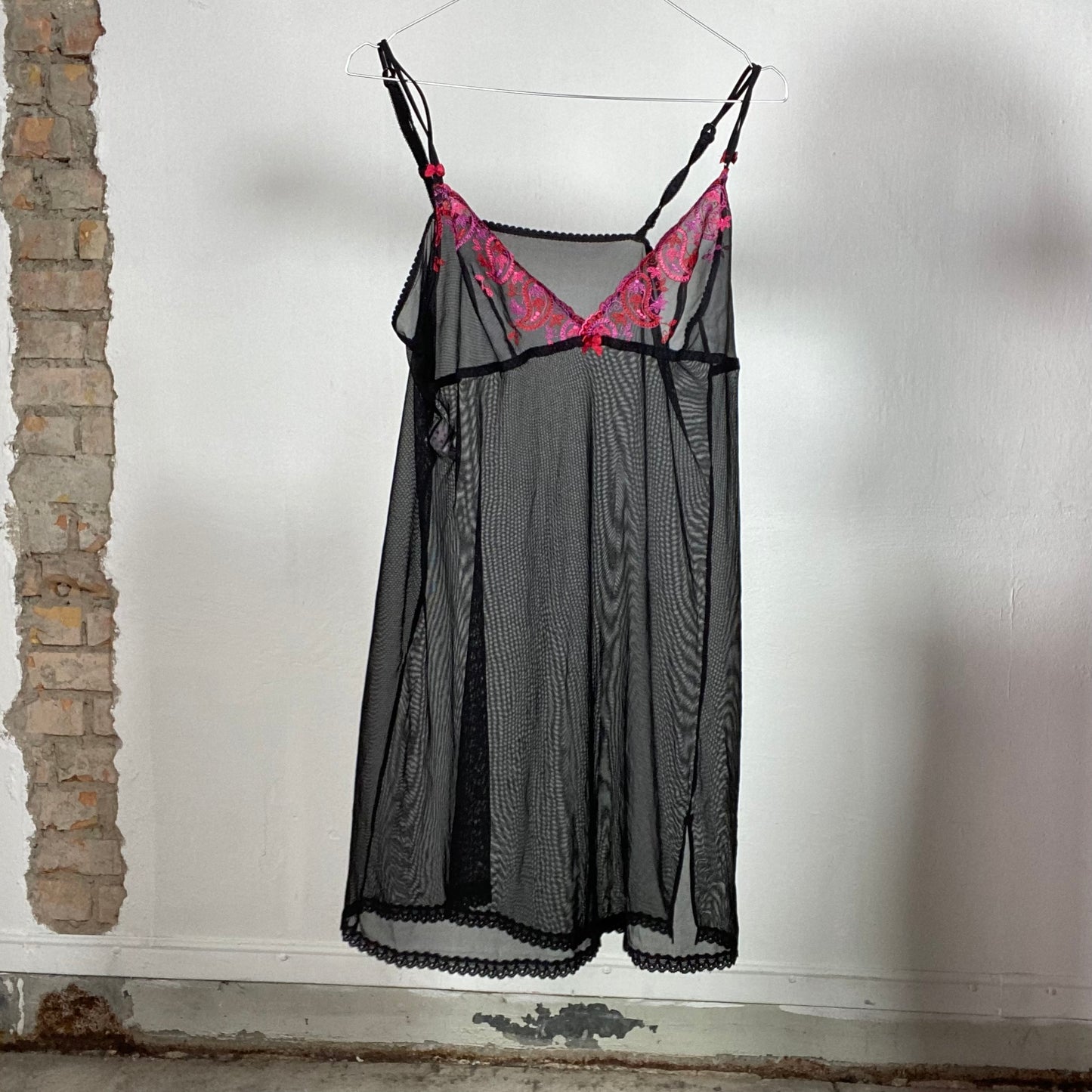 Vintage 90's Lingerie Black Mesh Cami dress with Pink Lace Detail (M)