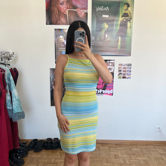 Vintage 90's Summer High Neck Yellow and Blue Striped Dress (M)