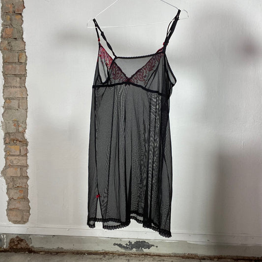 Vintage 90's Lingerie Black Mesh Cami dress with Pink Lace Detail (M)