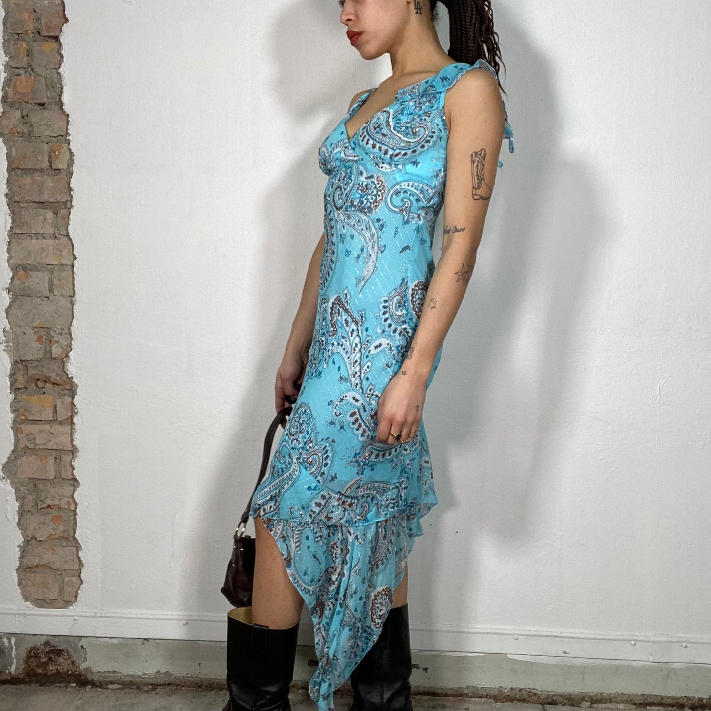 Vintage 2000's Indie Blue Asymmetrical Paisley Print Dress (S/M)