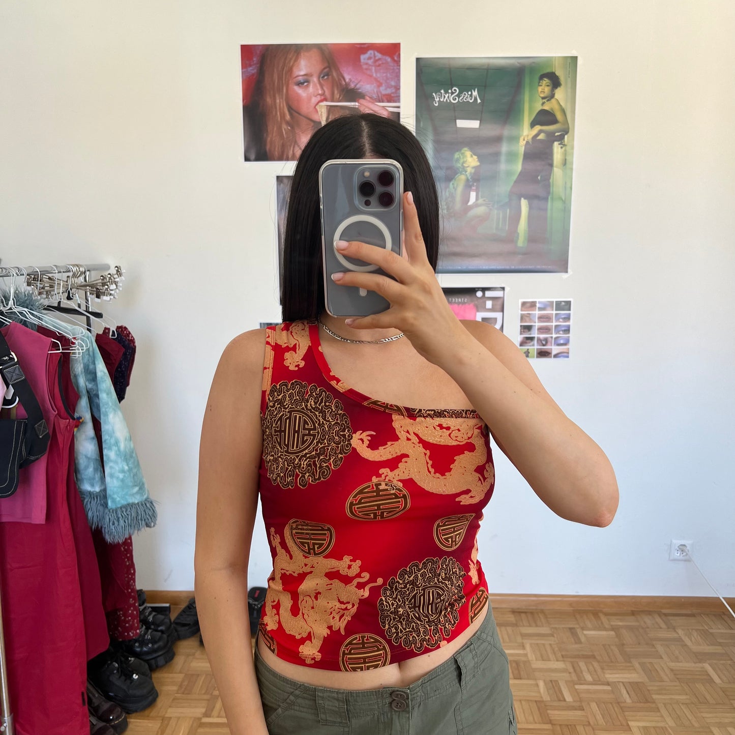 Vintage 90's Funky Red One Shoulder Top with Dragon Print (S)