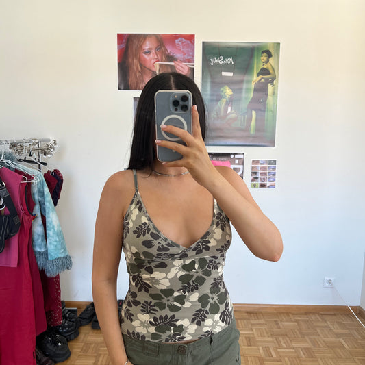 Vintage 90's Summer Holiday Hibiscus Khaki Cami Top (S)