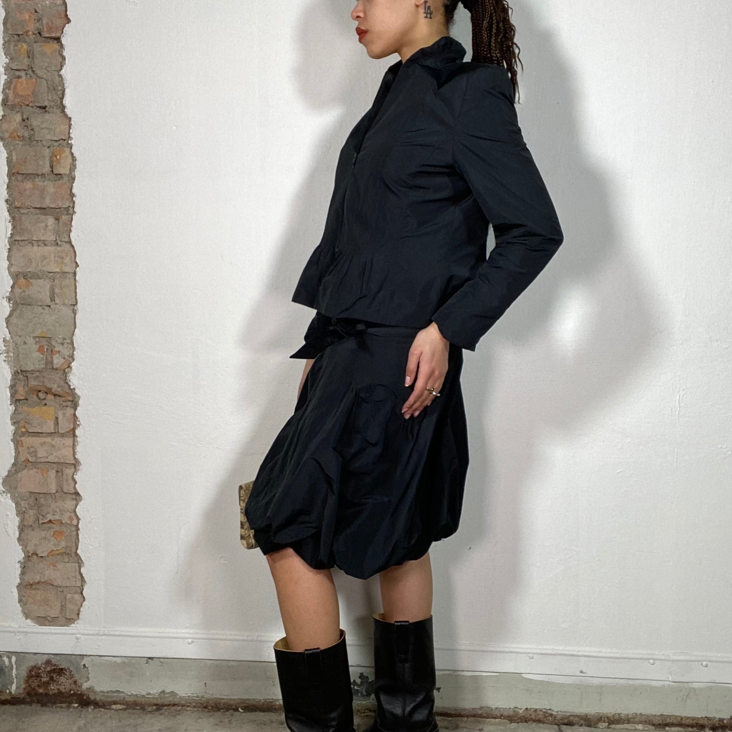 Vintage 2000's Cyber Black Midi Bubble Hem Skirt and Jacket Set (S/M)