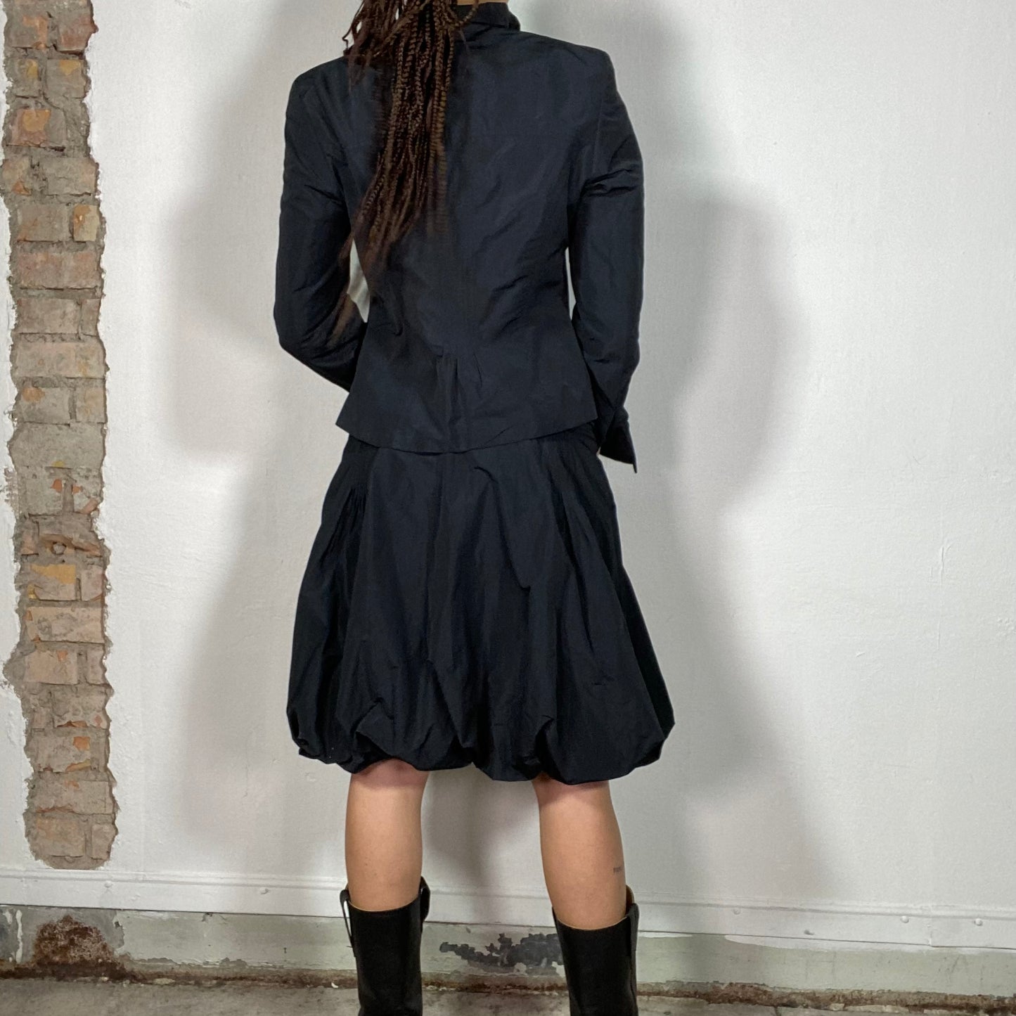 Vintage 2000's Cyber Black Midi Bubble Hem Skirt and Jacket Set (S/M)