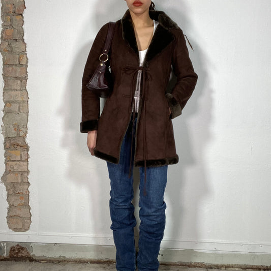 Vintage 90's Downtown Girl Brown Suede Coat with Faux Fur Trim (M)