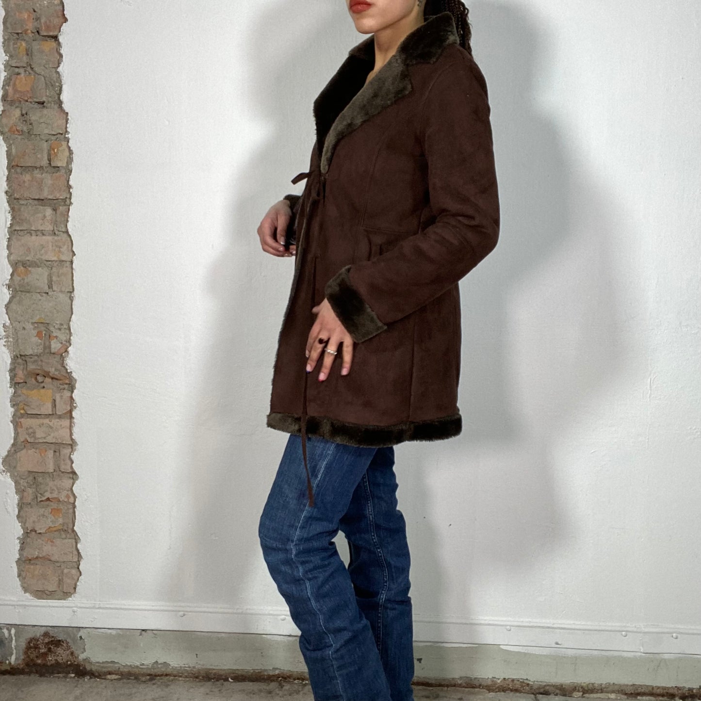 Vintage 90's Downtown Girl Brown Suede Coat with Faux Fur Trim (M)