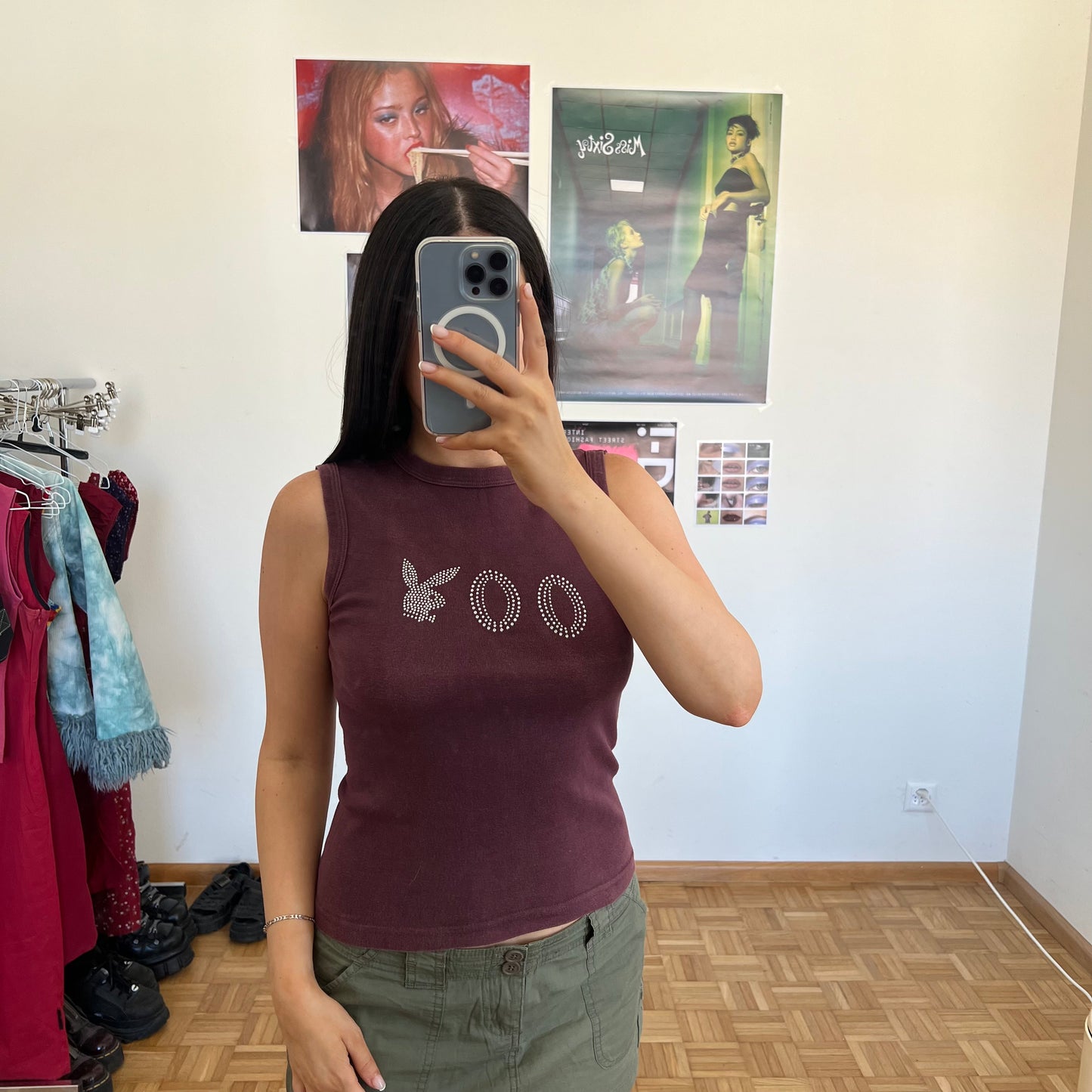 Vintage Y2K Playboy Burgundy Tank Top with 00 Bunny Diamante (S)