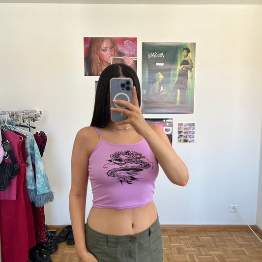 Vintage 90's Skater Lilac Cropped Cami Top with Dragon Print (S/M)