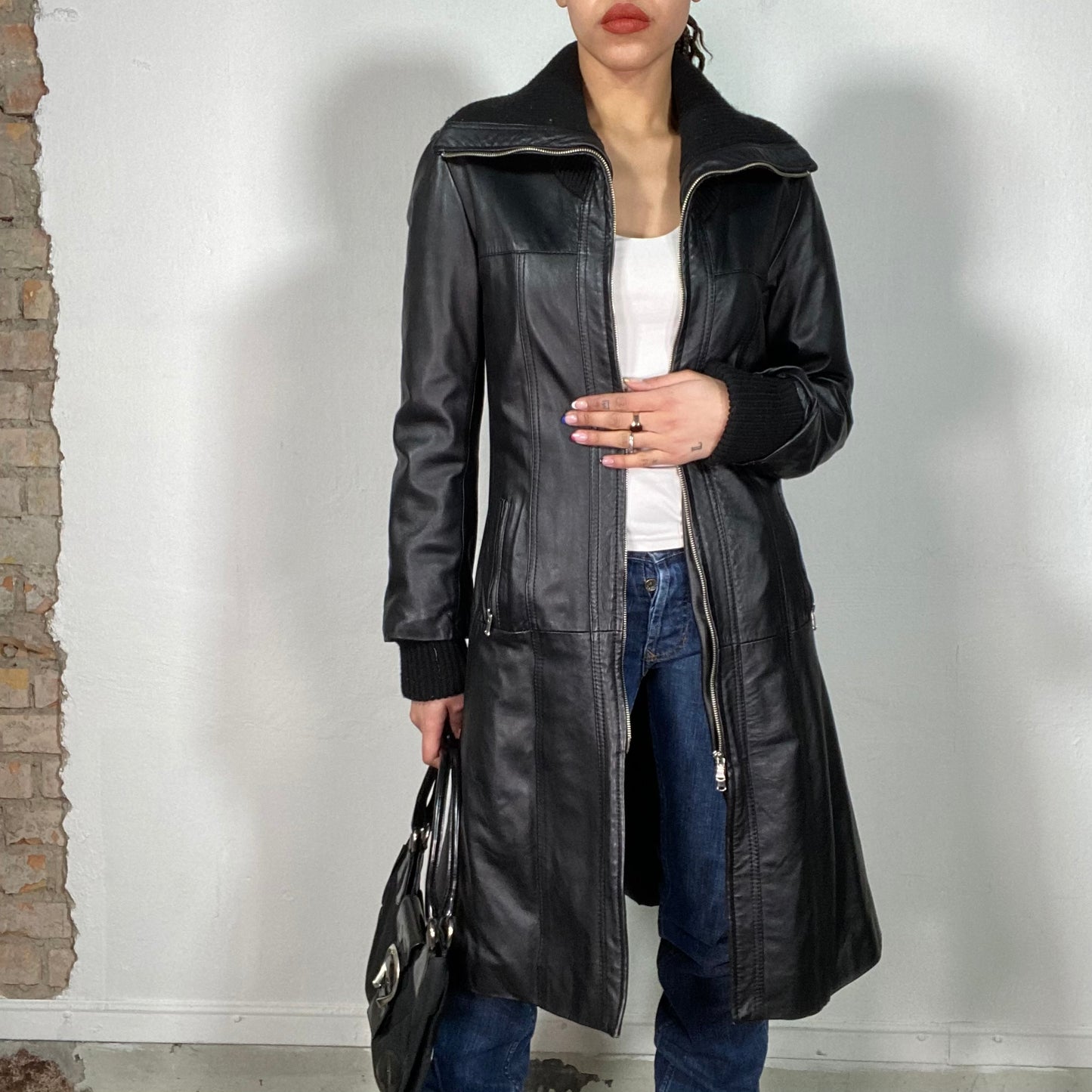 Vintage 90's Cyber Black Maxi e Coat with Knit Details (M)