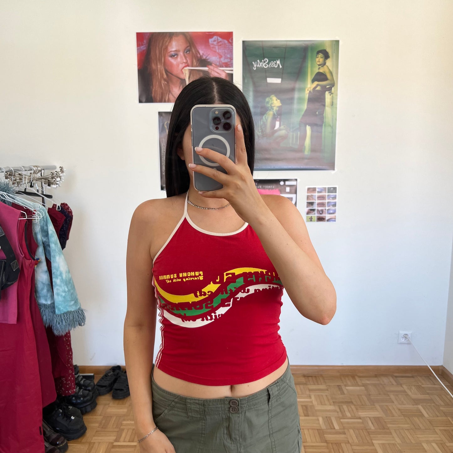 Vintage 90's Sporty Red Halter Top with Wavy Print (S)