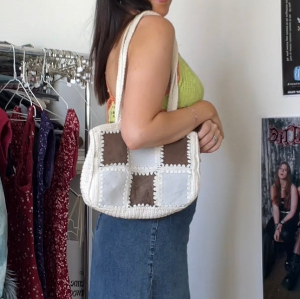 Vintage 90's Hippie Patchwork and Crochet Knit Shoulder Bag