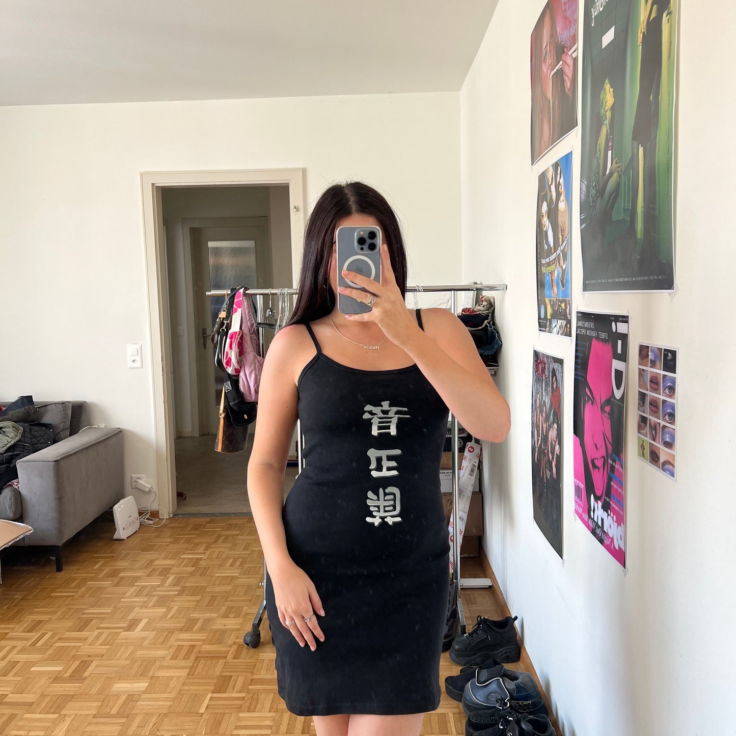 Vintage 90's Sporty Black Cami Dress with Chinese Character Prints (S/M)