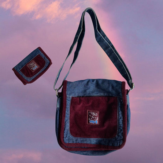 Vintage 90's Hippie Denim Bag & Wallet with Burgundy Fleece Detail