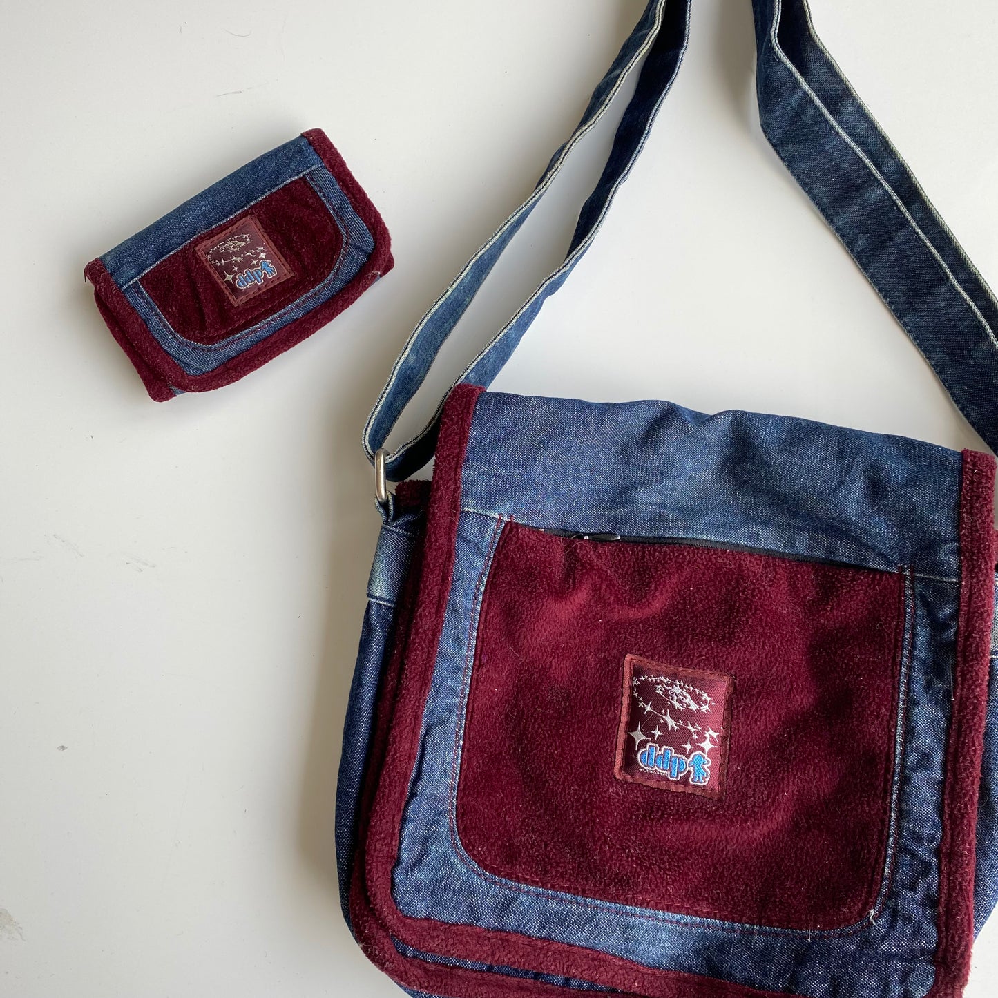 Vintage 90's Hippie Denim Bag & Wallet with Burgundy Fleece Detail