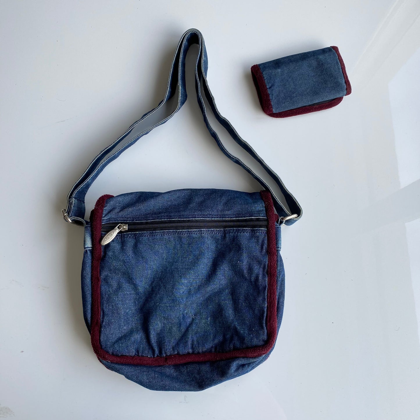 Vintage 90's Hippie Denim Bag & Wallet with Burgundy Fleece Detail