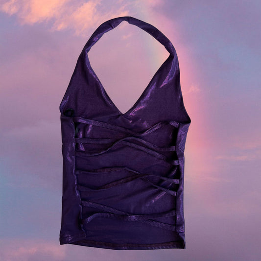 Vintage 90's Clubwear Metallic Purple Backless Halter Top (XS)