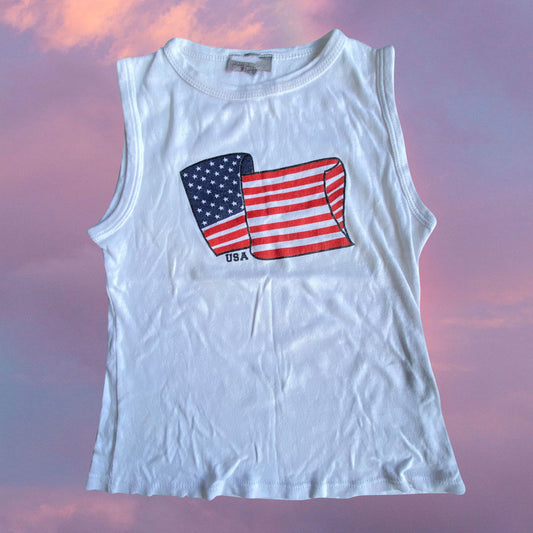 Vintage 90's Skater White Tank Top with USA Flag Graphic (S)