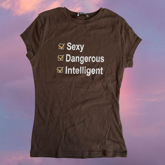 Vintage 90's Brown "Sexy Dangerous Intelligent" Graphic Baby Tee (M)