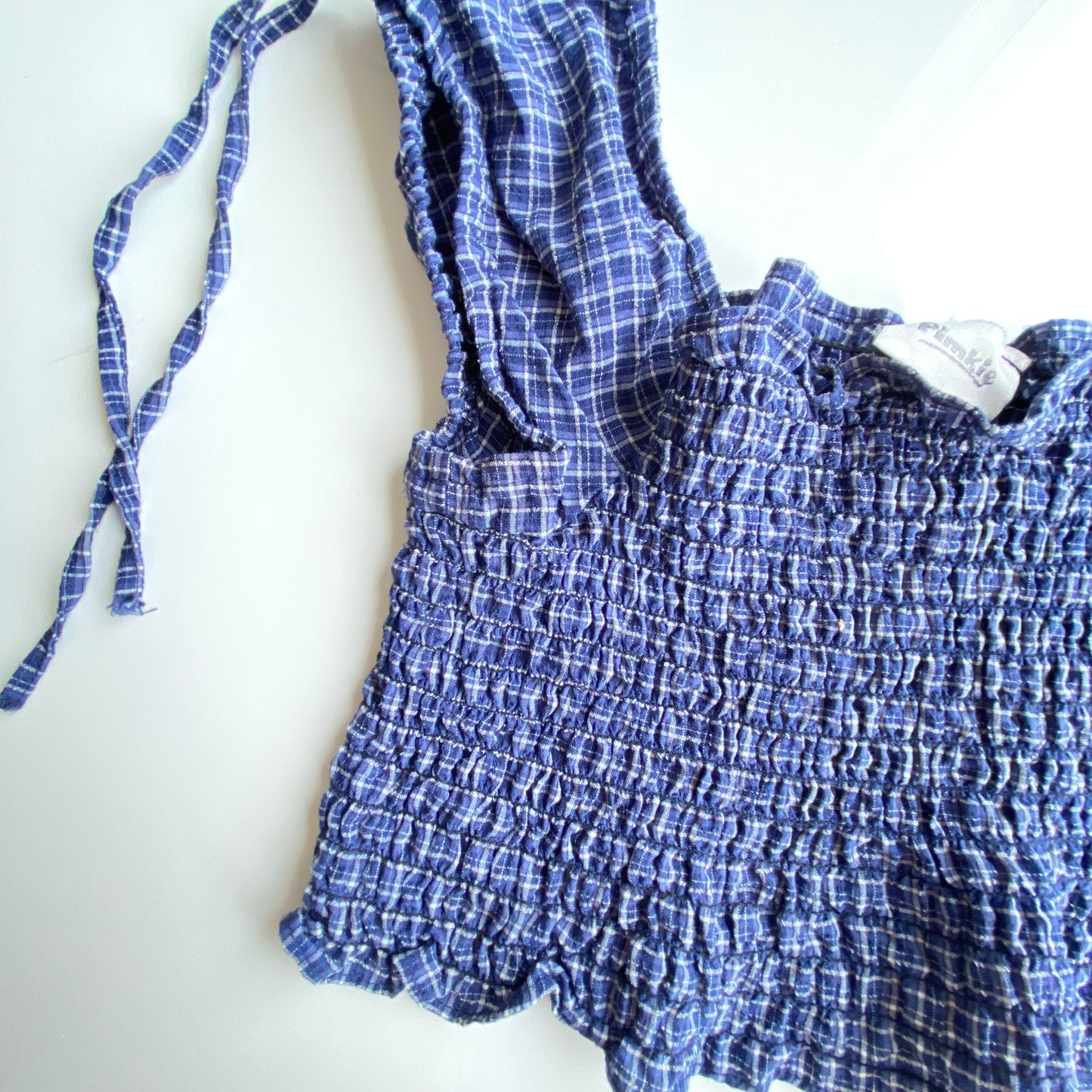 Vintage 90's Picnic Blue Plaid Ruched Cropped Milkmaid Top (S/M)