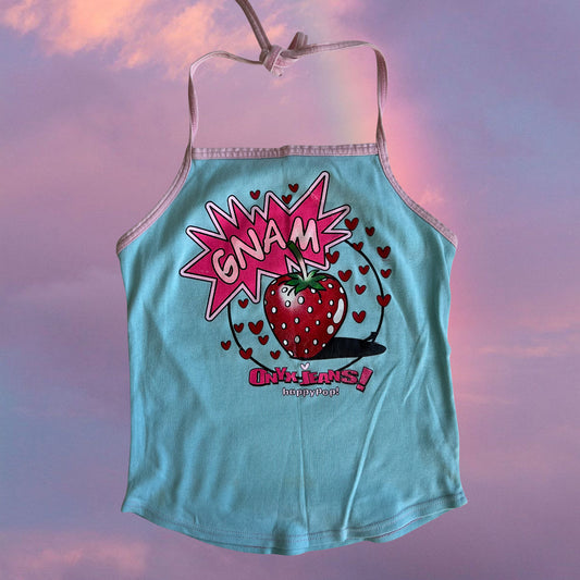 Vintage 90's Funky Strawberry Gnam Graphic Baby Blue Halter Top (S)