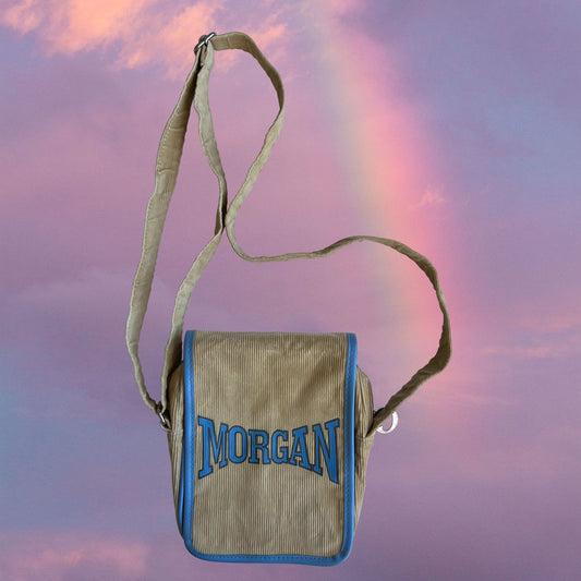 Vintage 90's Morgan de Toi Sporty Skater Logo Tan and Blue Cord Crossbody Bag