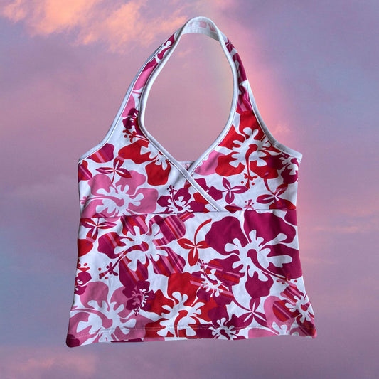 Vintage Y2K Summer Pink and White Hibiscus Print Halter Neck Top with White Trim (XS/S)