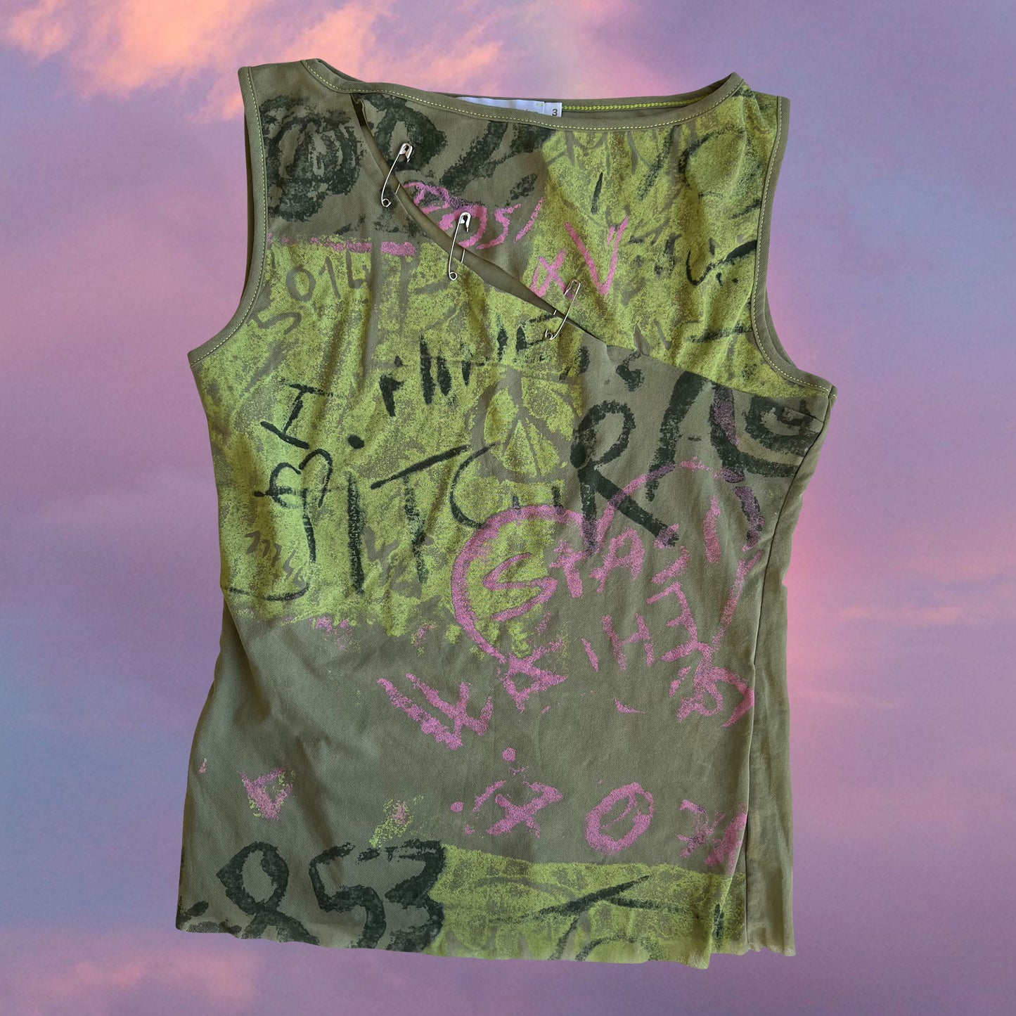 Vintage 90's Grunge Green Mesh Tank Top with Safety Pins (M/L)