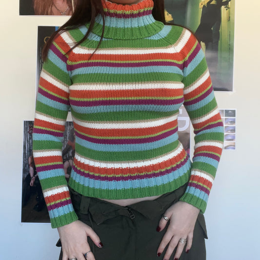 Vintage 90's Rainbow Striped Chunky Knit Rollneck Sweater (S/M)