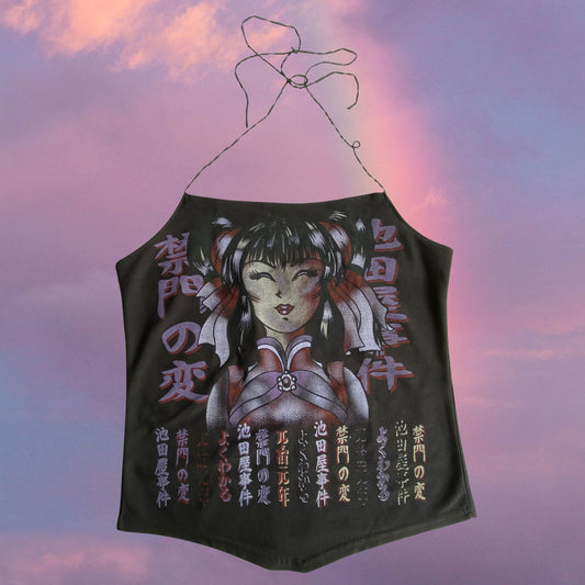 Vintage 90's Funky Black Top with Anime Girl Print (S/M)