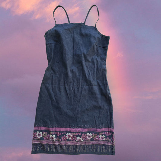 Vintage 90's Boho Hippie Denim Mini Dress (M)