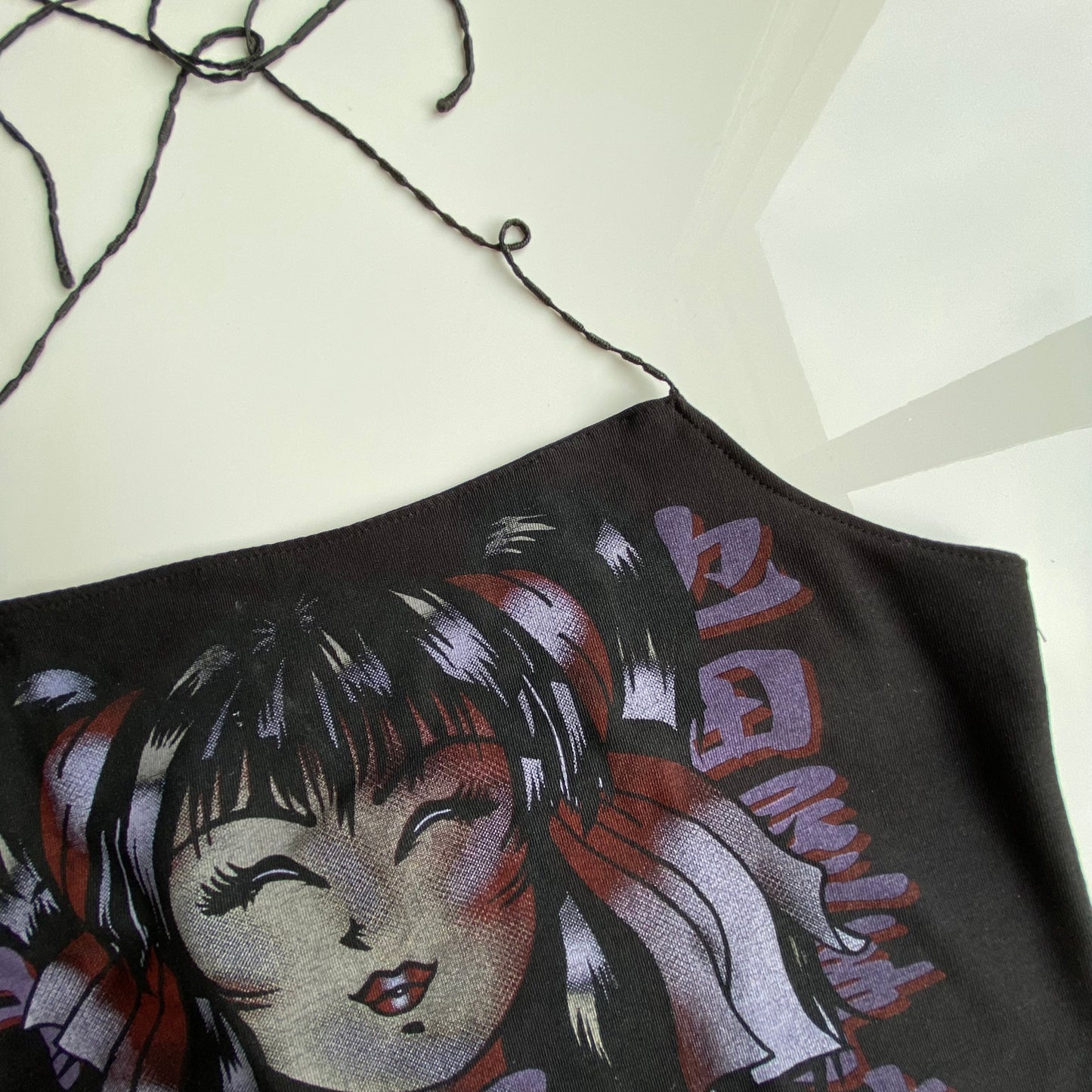 Vintage 90's Funky Black Top with Anime Girl Print (S/M)