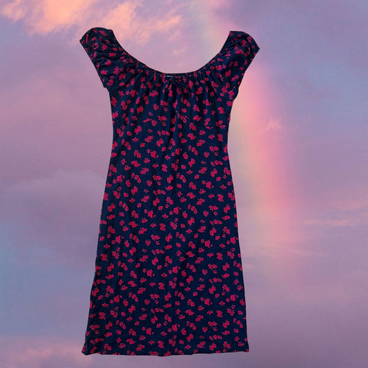 Vintage 90's Romantic Goth Black Milkmaid Dress with Red Floral (S)